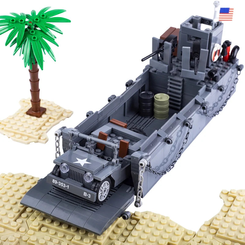 WW2 US Army Higgins Landing Craft with Jeep Custom Military MOC - Minifigure Bricks